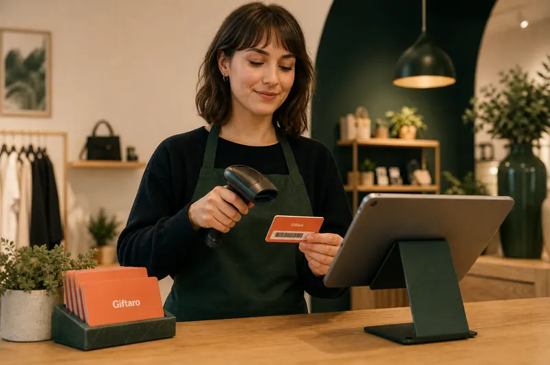 A shop assistant scanning the barcode on a tangerine Giftaro card beside a tablet register on a wooden counter