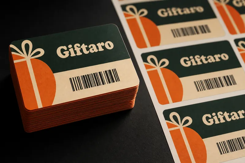 A stack of freshly printed Giftaro gift cards with Code 128 barcodes beside a printed card sheet
